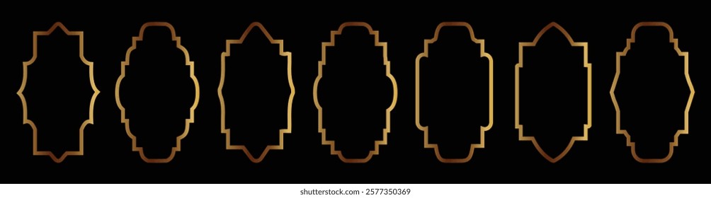 Set of luxury arabic golden frames decoration. islamic arch windows oriental shapes in retro style. Vector illustration