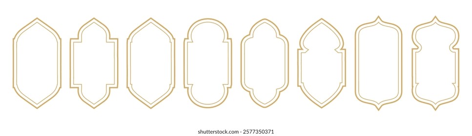 Set of luxury arabic golden frames decoration. islamic arch windows oriental shapes in retro style. Vector illustration