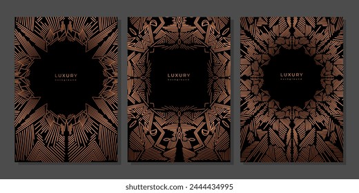 Set of luxury art deco style geometric linear template. Golden frames. Black background with gold outline elements. Abstract minimalist gatsby style poster, banner, cover. Bronze vintage templates