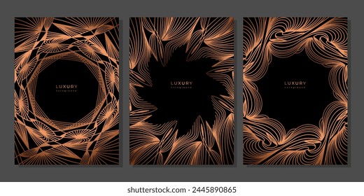 Set of luxury art deco style geometric linear template. Golden frames. Black background with gold outline elements. Abstract minimalist gatsby style poster, banner, cover. Bronze vintage templates