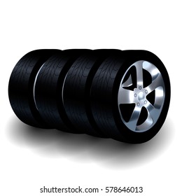 Set of Luxury Auto Wheels Isolated on White Background. 3D Vector Rendering