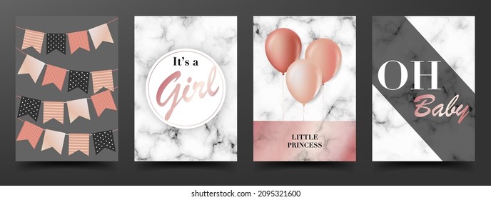 Set of luxury baby shower template including balloons and flags for girl with rose gold and white marble background. Vector illustrations for invitation greeting birthday party card, children poster