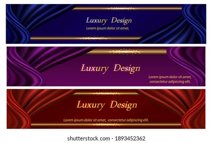 Conjunto de banners de lujo. Desagüe de cortinas de seda y borde de marco dorado brillante. Diseño de color azul profundo, rojo real y morado mágico para publicidad de primera calidad. Ilustración del vector