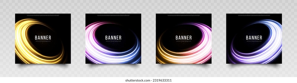 Set of luxury banner with wavy sparkling ring. Shiny backgrounds. Abstract glowing banners for discount, sales and greeting cards.