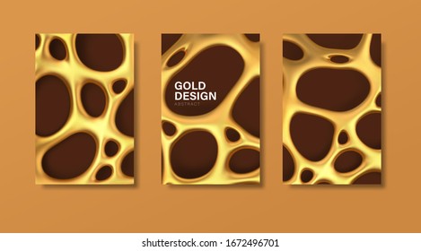 Set of Luxury banners with abstract golden organic irregular mesh with holes. Realistic gold futuristic liquid gold pattern with shadow. Vector illustration.