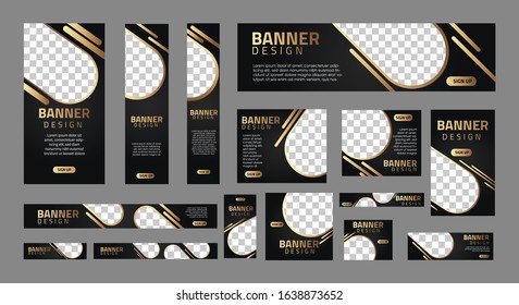 set of luxury banners in standard size with a place for photos. Vertical, horizontal and square template with gold line and black color. vector illustration EPS 10