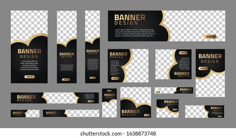 set of luxury banners in standard size with a place for photos. Vertical, horizontal and square template with golden glitter and black color. vector illustration EPS 10