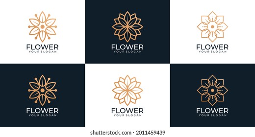 Set of luxury beauty golden flower logo spa decoration nature concept. Logo can be used for icon, brand, identity, symbol, cosmetic, hotel, resort, and yoga