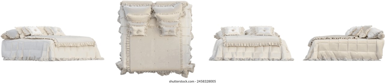 Set of luxury bed isolated on transparent background. 3D render