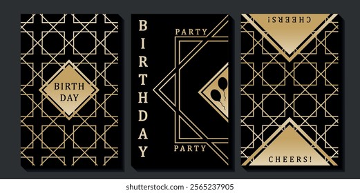 Set of luxury birthday cards on a black background. Modern gold and black design. Golden elegant geometric pattern, gold line on dark background. Premium design illustration for birthday party.