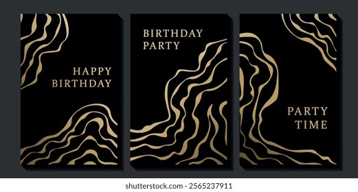 Set of luxury birthday cards on a black background. Modern gold and black design. Golden elegant geometric pattern, gold line on dark background. Premium design illustration for birthday party.