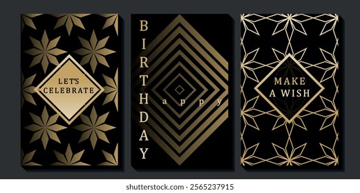 Set of luxury birthday cards on a black background. Modern gold and black design. Golden elegant geometric pattern, gold line on dark background. Premium design illustration for birthday party.