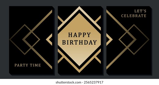 Set of luxury birthday cards on a black background. Modern gold and black design. Golden elegant geometric pattern, gold line on dark background. Premium design illustration for birthday party.