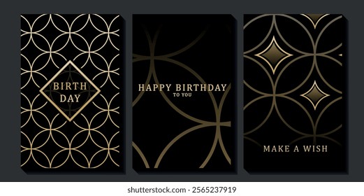 Set of luxury birthday cards on a black background. Modern gold and black design. Golden elegant geometric pattern, gold line on dark background. Premium design illustration for birthday party.