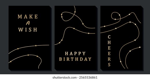 Set of luxury birthday cards on a black background. Modern gold and black design. Golden elegant geometric pattern, gold line on dark background. Premium design illustration for birthday party.