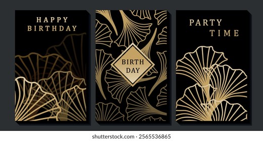 Set of luxury birthday cards on a black background. Modern gold and black design. Golden elegant geometric pattern, gold line on dark background. Premium design illustration for birthday party.