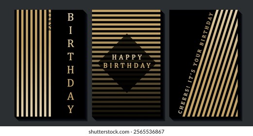 Set of luxury birthday cards on a black background. Modern gold and black design. Golden elegant geometric pattern, gold line on dark background. Premium design illustration for birthday party.