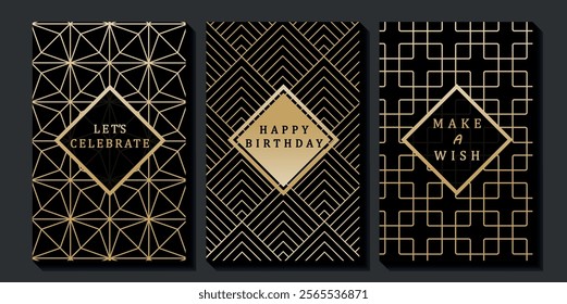 Set of luxury birthday cards on a black background. Modern gold and black design. Golden elegant geometric pattern, gold line on dark background. Premium design illustration for birthday party.