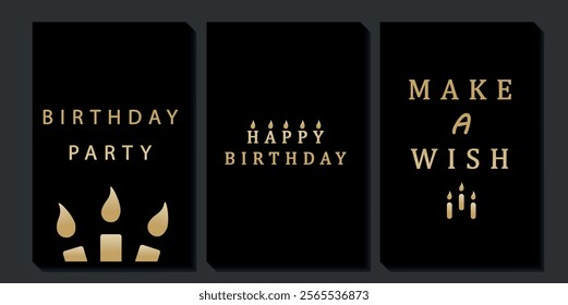 Set of luxury birthday cards on a black background. Modern gold and black design. Golden elegant geometric pattern, gold line on dark background. Premium design illustration for birthday party.