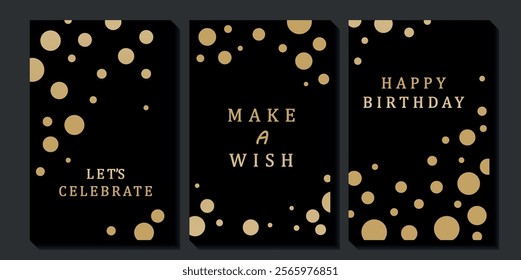 Set of luxury birthday cards on a black background. Modern gold and black design. Golden elegant geometric pattern, gold line on dark background. Premium design illustration for birthday party.