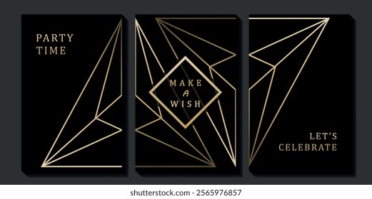 Set of luxury birthday cards on a black background. Modern gold and black design. Golden elegant geometric pattern, gold line on dark background. Premium design illustration for birthday party.