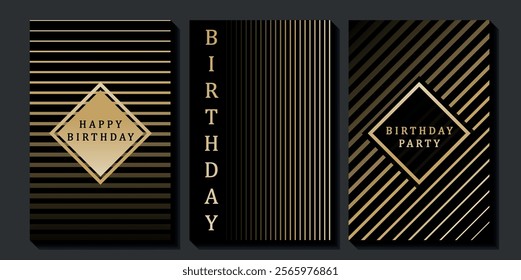 Set of luxury birthday cards on a black background. Modern gold and black design. Golden elegant geometric pattern, gold line on dark background. Premium design illustration for birthday party.