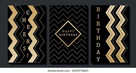 Set of luxury birthday cards on a black background. Modern gold and black design. Golden elegant geometric pattern, gold line on dark background. Premium design illustration for birthday party.