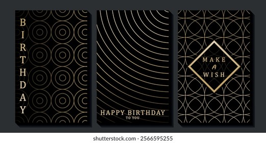 Set of luxury birthday cards on a black background. Modern gold and black design. Golden elegant geometric pattern, gold line on dark background. Premium design illustration for birthday party.