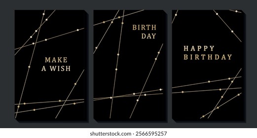 Set of luxury birthday cards on a black background. Modern gold and black design. Golden elegant geometric pattern, gold line on dark background. Premium design illustration for birthday party.