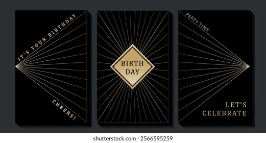 Set of luxury birthday cards on a black background. Modern gold and black design. Golden elegant geometric pattern, gold line on dark background. Premium design illustration for birthday party.