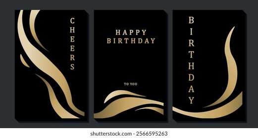 Set of luxury birthday cards on a black background. Modern gold and black design. Golden elegant geometric pattern, gold line on dark background. Premium design illustration for birthday party.