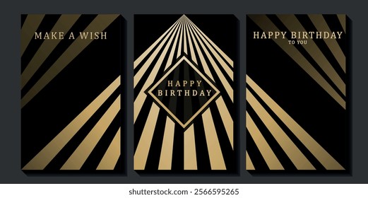 Set of luxury birthday cards on a black background. Modern gold and black design. Golden elegant geometric pattern, gold line on dark background. Premium design illustration for birthday party.