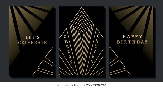 Set of luxury birthday cards on a black background. Modern gold and black design. Golden elegant geometric pattern, gold line on dark background. Premium design illustration for birthday party.