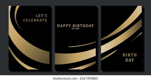 Set of luxury birthday cards on a black background. Modern gold and black design. Golden elegant geometric pattern, gold line on dark background. Premium design illustration for birthday party.