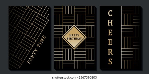 Set of luxury birthday cards on a black background. Modern gold and black design. Golden elegant geometric pattern, gold line on dark background. Premium design illustration for birthday party.