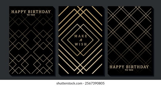 Set of luxury birthday cards on a black background. Modern gold and black design. Golden elegant geometric pattern, gold line on dark background. Premium design illustration for birthday party.