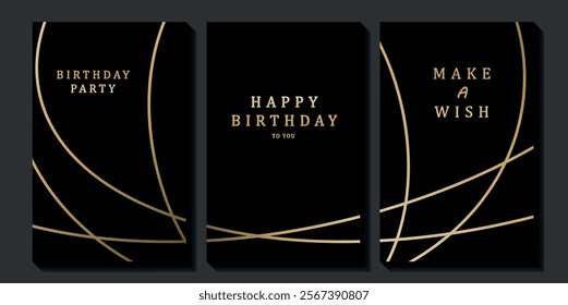 Set of luxury birthday cards on a black background. Modern gold and black design. Golden elegant geometric pattern, gold line on dark background. Premium design illustration for birthday party.