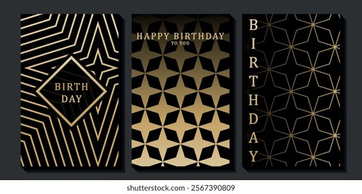 Set of luxury birthday cards on a black background. Modern gold and black design. Golden elegant geometric pattern, gold line on dark background. Premium design illustration for birthday party.