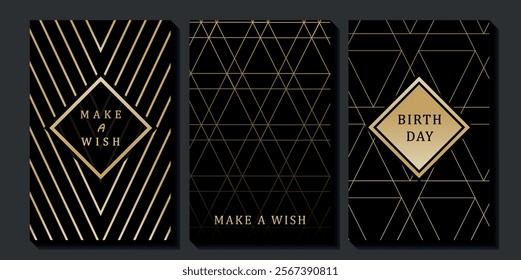 Set of luxury birthday cards on a black background. Modern gold and black design. Golden elegant geometric pattern, gold line on dark background. Premium design illustration for birthday party.