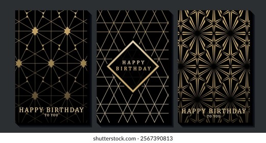 Set of luxury birthday cards on a black background. Modern gold and black design. Golden elegant geometric pattern, gold line on dark background. Premium design illustration for birthday party.