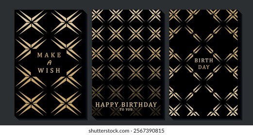 Set of luxury birthday cards on a black background. Modern gold and black design. Golden elegant geometric pattern, gold line on dark background. Premium design illustration for birthday party.