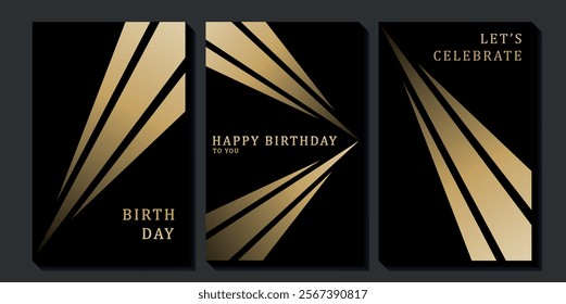 Set of luxury birthday cards on a black background. Modern gold and black design. Golden elegant geometric pattern, gold line on dark background. Premium design illustration for birthday party.