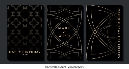 Set of luxury birthday cards on a black background. Modern gold and black design. Golden elegant geometric pattern, gold line on dark background. Premium design illustration for birthday party.