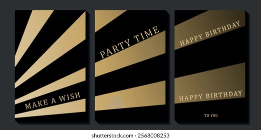 Set of luxury birthday cards on a black background. Modern gold and black design. Golden elegant geometric pattern, gold line on dark background. Premium design illustration for birthday party.