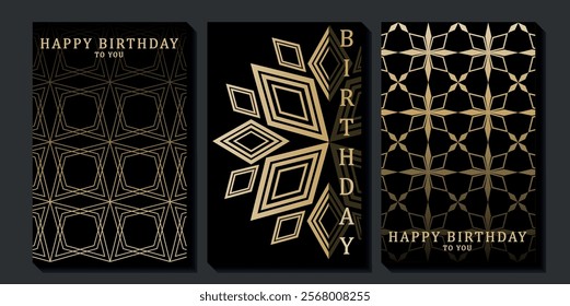 Set of luxury birthday cards on a black background. Modern gold and black design. Golden elegant geometric pattern, gold line on dark background. Premium design illustration for birthday party.