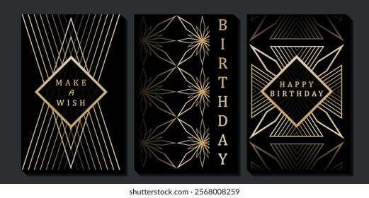 Set of luxury birthday cards on a black background. Modern gold and black design. Golden elegant geometric pattern, gold line on dark background. Premium design illustration for birthday party.