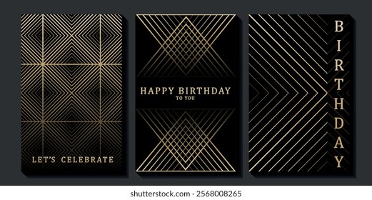 Set of luxury birthday cards on a black background. Modern gold and black design. Golden elegant geometric pattern, gold line on dark background. Premium design illustration for birthday party.