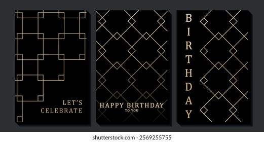 Set of luxury birthday cards on a black background. Modern gold and black design. Golden elegant geometric pattern, gold line on dark background. Premium design illustration for birthday party.