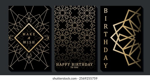 Set of luxury birthday cards on a black background. Modern gold and black design. Golden elegant geometric pattern, gold line on dark background. Premium design illustration for birthday party.