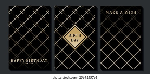 Set of luxury birthday cards on a black background. Modern gold and black design. Golden elegant geometric pattern, gold line on dark background. Premium design illustration for birthday party.